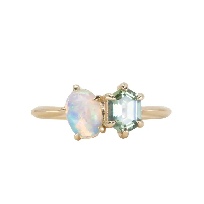 Rings Anueva Jewelry Toi Et Moi 074ct Hexagon Sapphire and 041ct Opal Ring in 14k Yellow gold