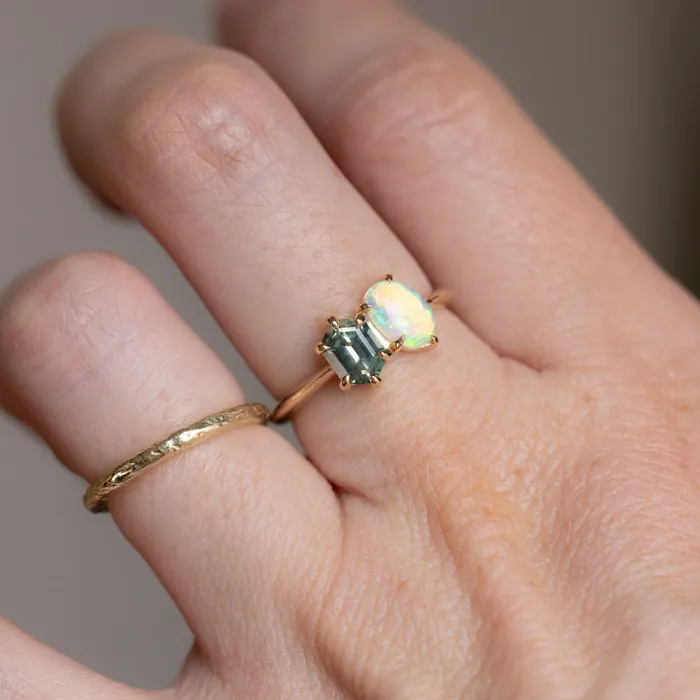 Rings Anueva Jewelry Toi Et Moi 074ct Hexagon Sapphire and 041ct Opal Ring in 14k Yellow gold