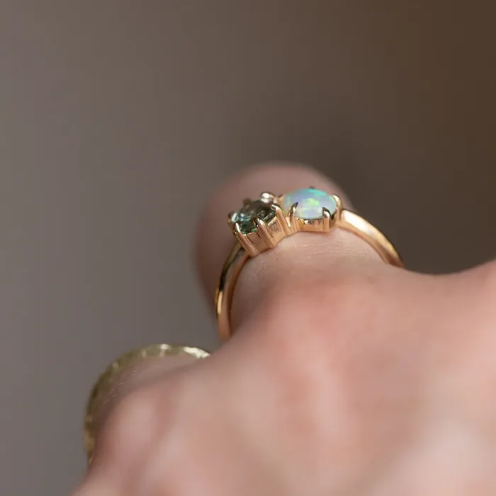 Rings Anueva Jewelry Toi Et Moi 074ct Hexagon Sapphire and 041ct Opal Ring in 14k Yellow gold