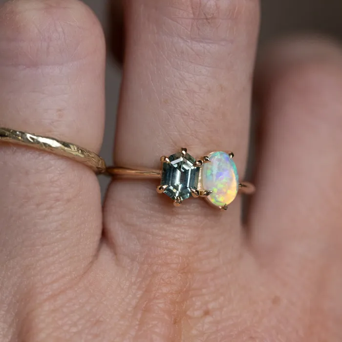 Rings Anueva Jewelry Toi Et Moi 074ct Hexagon Sapphire and 041ct Opal Ring in 14k Yellow gold