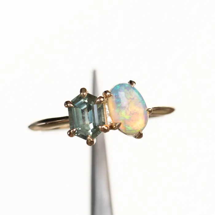 Rings Anueva Jewelry Toi Et Moi 074ct Hexagon Sapphire and 041ct Opal Ring in 14k Yellow gold
