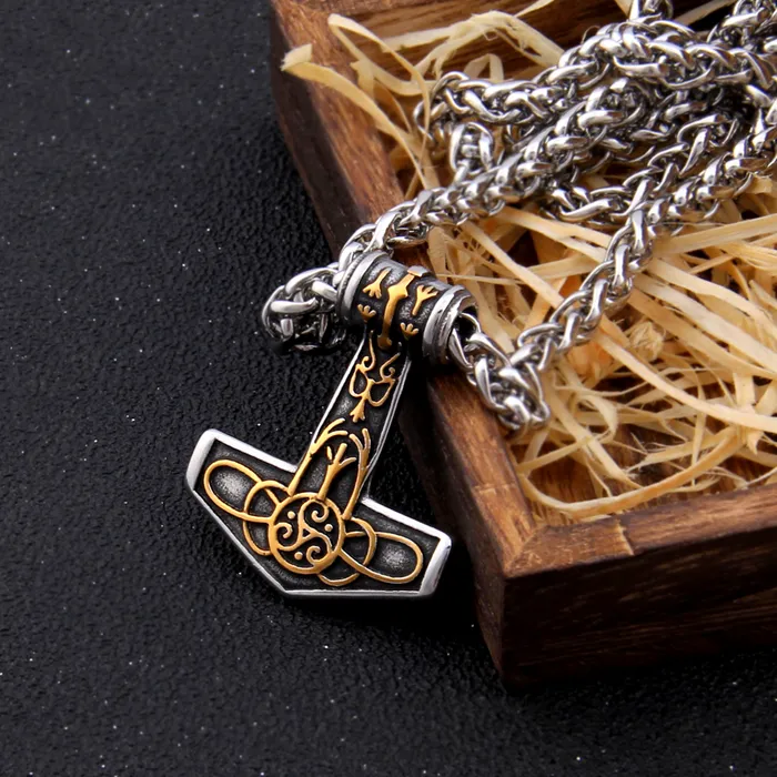 AE Necklaces Thors Hammer Necklace Golden Algiz Rune