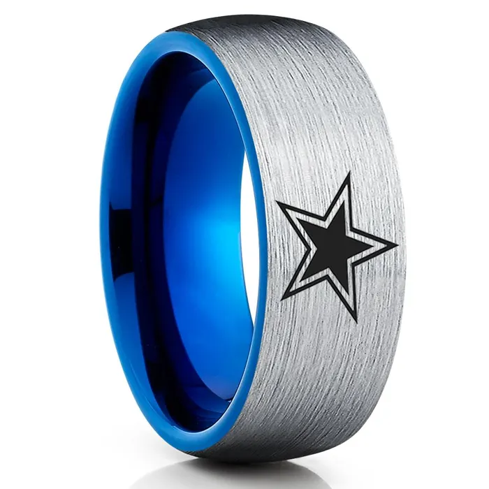 Blue Tungsten Wedding Band Football Ring Dallas Star Ring Blue Tungsten Ring Clean Casting Jewelry Rings Blue Tungsten Wedding Band Football Ring Dallas Star Ring Blue Tungsten Ring Clean Casting Jewelry Rings