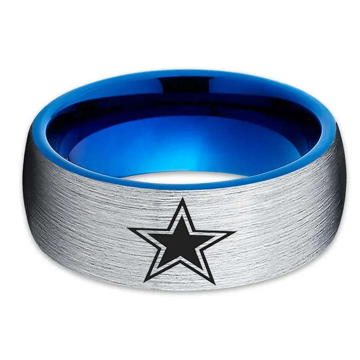 Blue Tungsten Wedding Band Football Ring Dallas Star Ring Blue Tungsten Ring Clean Casting Jewelry Rings