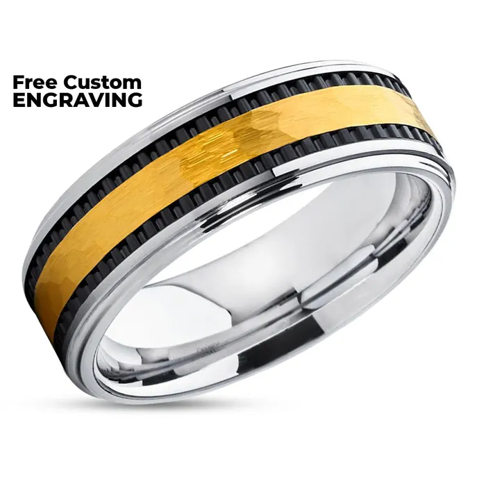 Clean Casting Jewelry Rings Yellow Gold Tungsten Ring Black Tungsten Yellow Gold Tungsten Band 8mm Ring