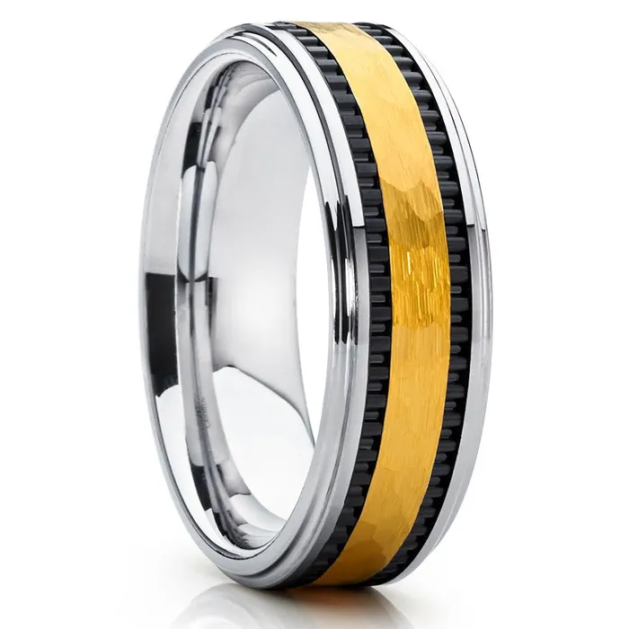 Clean Casting Jewelry Rings Yellow Gold Tungsten Ring Black Tungsten Yellow Gold Tungsten Band 8mm Ring