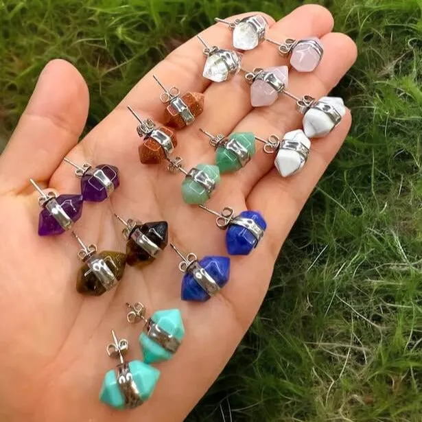 Natural Double Terminated Stud Gemstone Earrings Magic Crystals Earrings