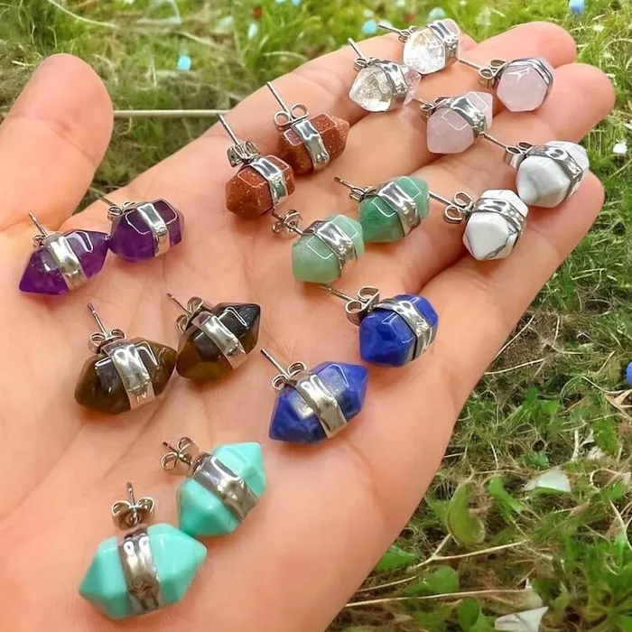Natural Double Terminated Stud Gemstone Earrings Magic Crystals Earrings