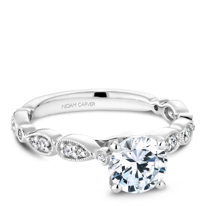 Noam Carver White Gold Engagement Ring Setting with Milgrain Pear and Dot 014 CTW International Diamond Center Rings