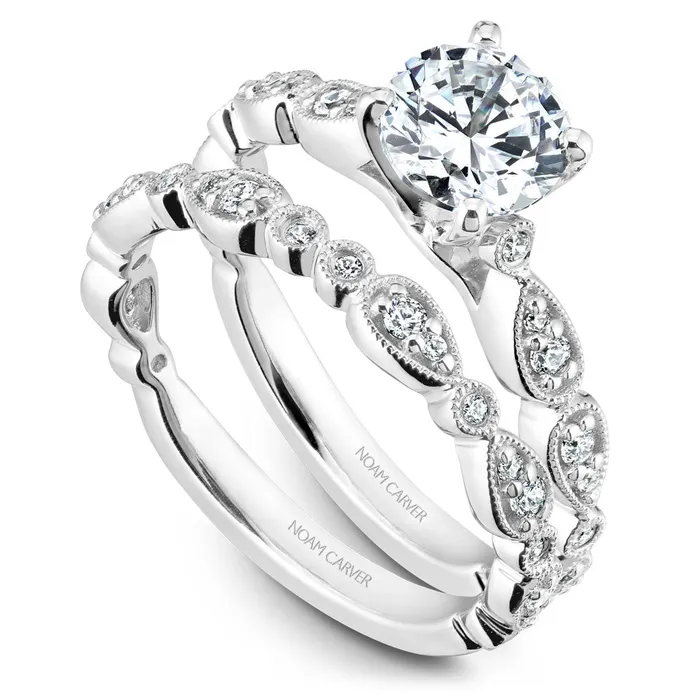 Noam Carver White Gold Engagement Ring Setting with Milgrain Pear and Dot 014 CTW International Diamond Center Rings