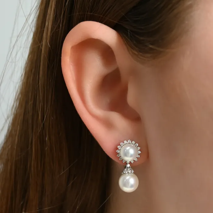 Pearl Drop Earrings with Pave Diamond Halo SG Fine Earrings