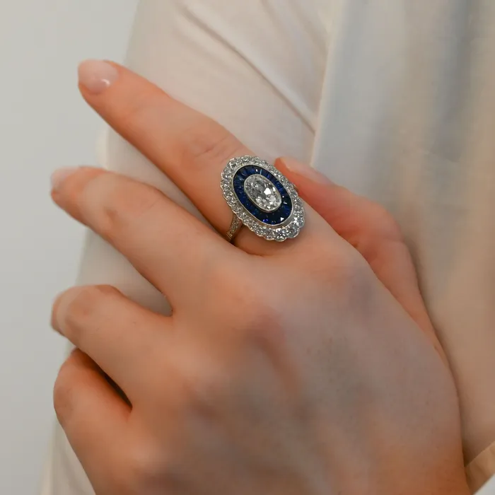 Rings SG Vintage Art Deco Diamond and Blue Sapphire Oval Ring