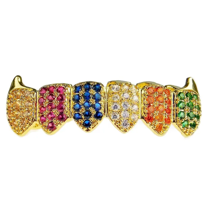 18K Gold Plated CZ Iced Flooded Out Rainbow Bottom Teeth Vampire Fangs Grillz Bling Cartel Admin PreStyled Sets 18K Gold Plated CZ Iced Flooded Out Rainbow Bottom Teeth Vampire Fangs Grillz Bling Cartel Admin PreStyled Sets