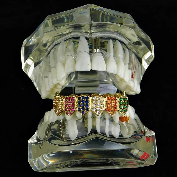 18K Gold Plated CZ Iced Flooded Out Rainbow Bottom Teeth Vampire Fangs Grillz Bling Cartel Admin PreStyled Sets