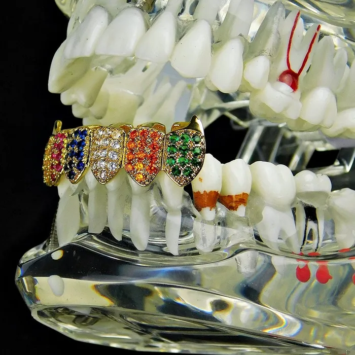 18K Gold Plated CZ Iced Flooded Out Rainbow Bottom Teeth Vampire Fangs Grillz Bling Cartel Admin PreStyled Sets