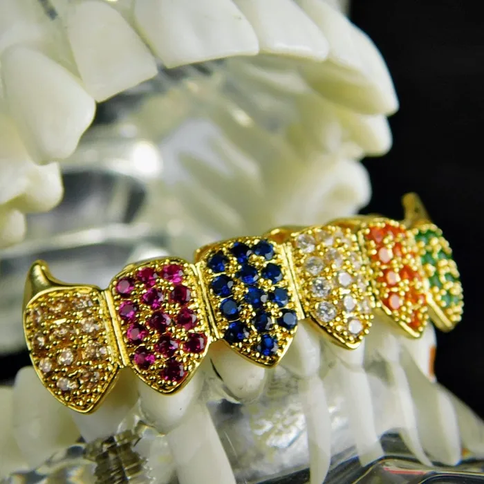18K Gold Plated CZ Iced Flooded Out Rainbow Bottom Teeth Vampire Fangs Grillz Bling Cartel Admin PreStyled Sets