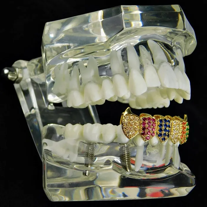 18K Gold Plated CZ Iced Flooded Out Rainbow Bottom Teeth Vampire Fangs Grillz Bling Cartel Admin PreStyled Sets