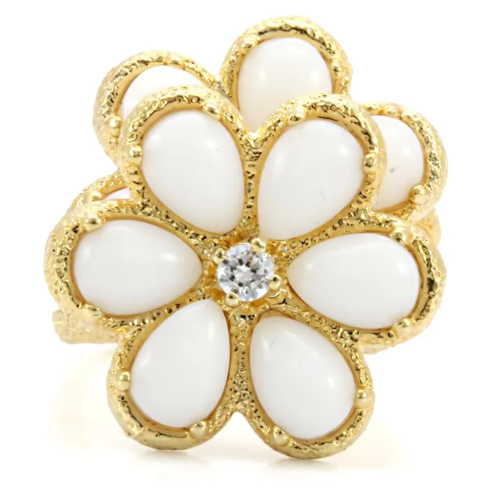 1W045 Gold Brass Ring with Synthetic Synthetic Glass in White Alamode Rings
