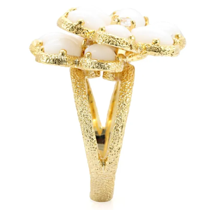 1W045 Gold Brass Ring with Synthetic Synthetic Glass in White Alamode Rings