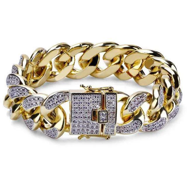 24k Gold PlatedSilver Miami Cuban Chain Bracelet VVS Jewelry Bracelets