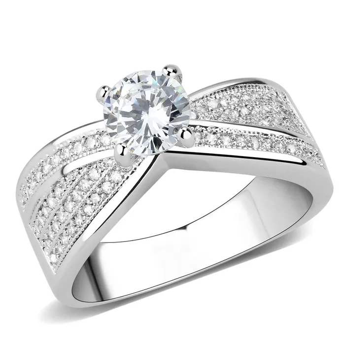 3W1559 Rhodium Brass Ring with AAA Grade CZ in Clear Alamode Rings