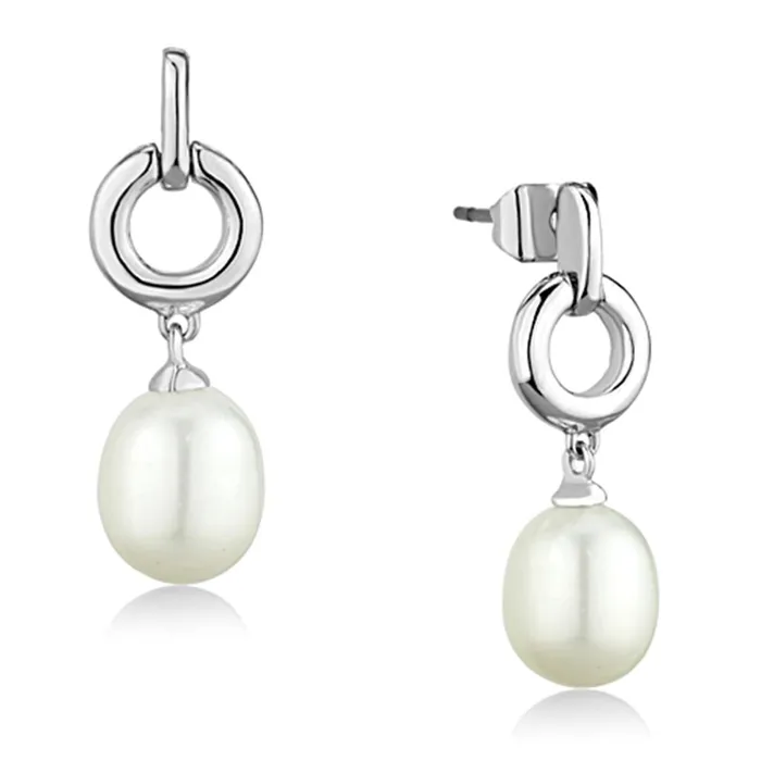 3W684 Rhodium Brass Earrings with Synthetic Pearl in White Alamode Earrings