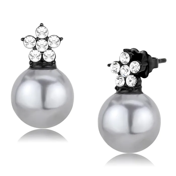 Alamode Earrings TK3482 IP BlackIon Plating Stainless Steel Earrings with Synthetic Pearl in Light Gray Alamode Earrings TK3482 IP BlackIon Plating Stainless Steel Earrings with Synthetic Pearl in Light Gray