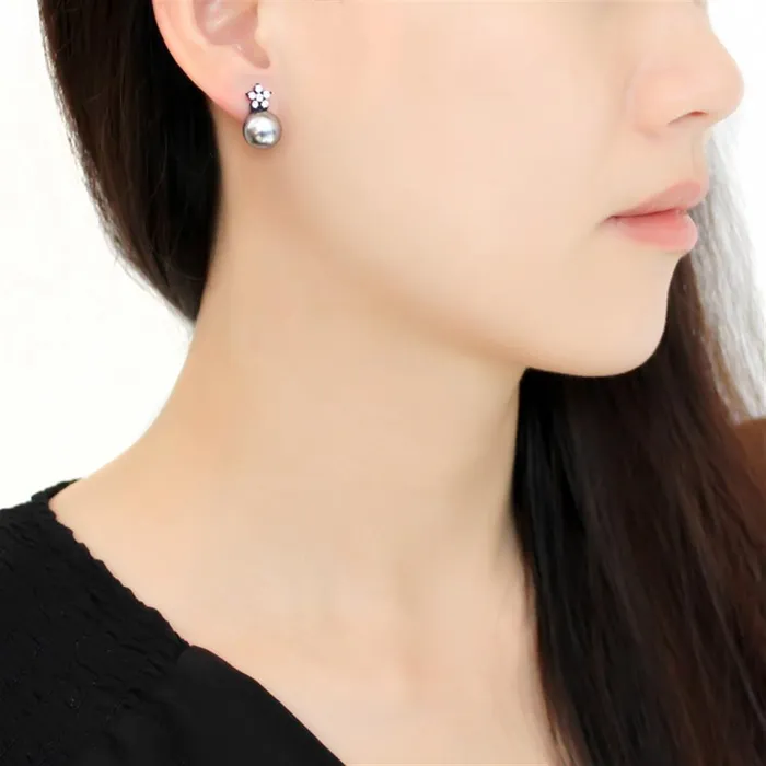 Alamode Earrings TK3482 IP BlackIon Plating Stainless Steel Earrings with Synthetic Pearl in Light Gray
