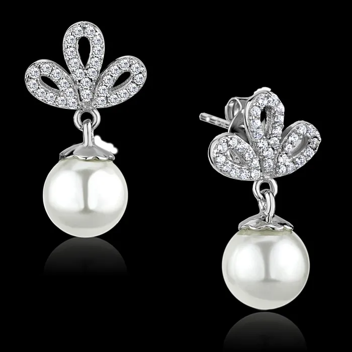 Alamode Earrings TS299 Rhodium 925 Sterling Silver Earrings with Synthetic Pearl in White Alamode Earrings TS299 Rhodium 925 Sterling Silver Earrings with Synthetic Pearl in White
