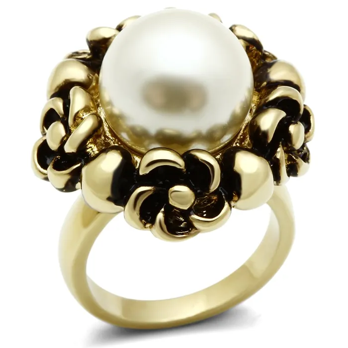 Alamode GL308 IP GoldIon Plating Brass Ring with Synthetic Pearl in White Rings Alamode GL308 IP GoldIon Plating Brass Ring with Synthetic Pearl in White Rings
