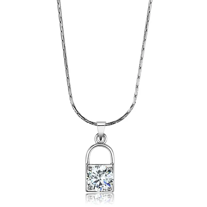 Alamode Necklaces LO4150 Rhodium Brass Chain Pendant with AAA Grade CZ in Clear Alamode Necklaces LO4150 Rhodium Brass Chain Pendant with AAA Grade CZ in Clear