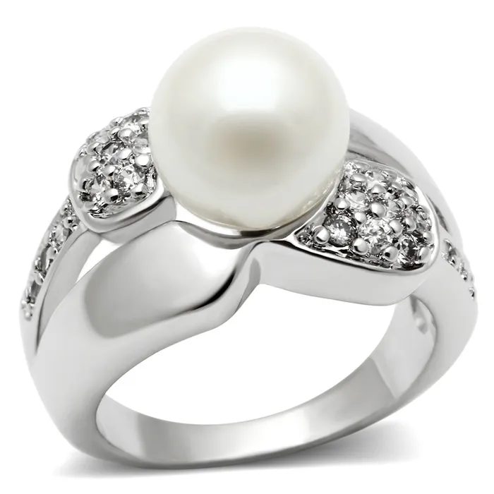 Alamode Rings 3W182 Rhodium Brass Ring with Synthetic Pearl in White