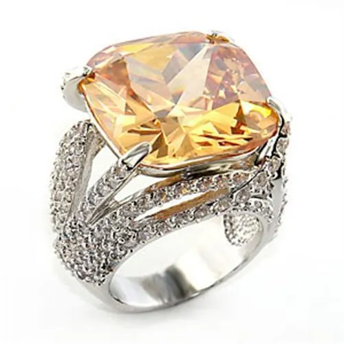 Alamode Rings 80607 Rhodium Brass Ring with AAA Grade CZ in Champagne