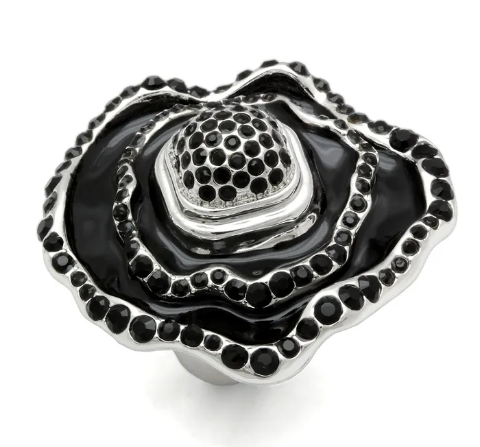 Alamode Rings LO2157 Rhodium Brass Ring with Top Grade Crystal in Jet