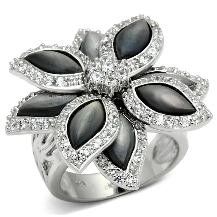 Alamode Rings LOS555 Rhodium 925 Sterling Silver Ring with Precious Stone Conch in Jet Alamode Rings LOS555 Rhodium 925 Sterling Silver Ring with Precious Stone Conch in Jet