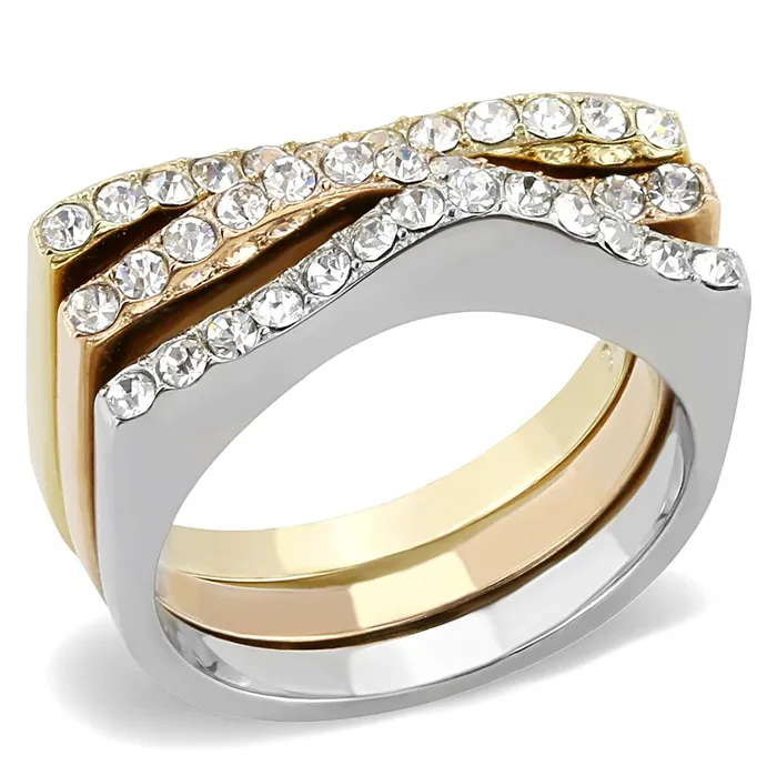Alamode Rings TK3234 Three Tone IP Gold IP Rose Gold High Polished Stainless Steel Ring with Top Grade Crystal in Clear Alamode Rings TK3234 Three Tone IP Gold IP Rose Gold High Polished Stainless Steel Ring with Top Grade Crystal in Clear
