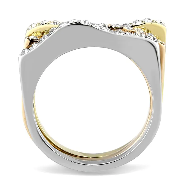 Alamode Rings TK3234 Three Tone IP Gold IP Rose Gold High Polished Stainless Steel Ring with Top Grade Crystal in Clear