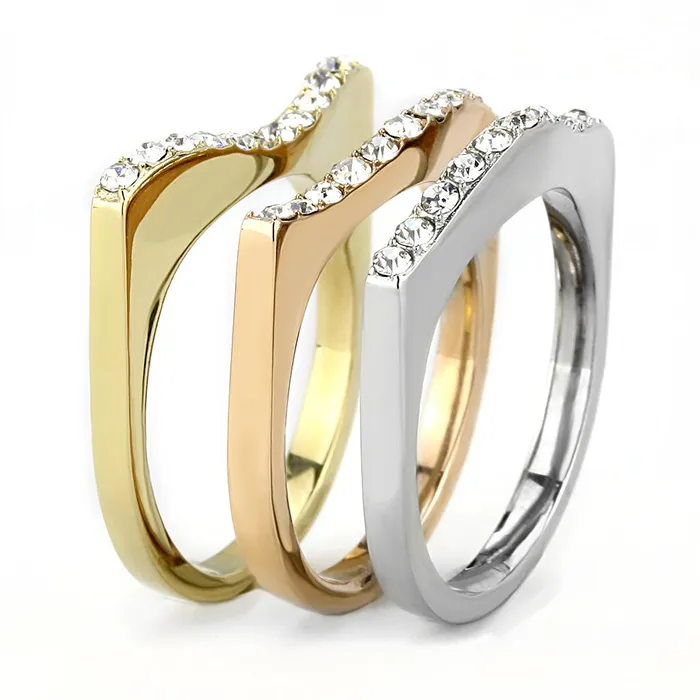 Alamode Rings TK3234 Three Tone IP Gold IP Rose Gold High Polished Stainless Steel Ring with Top Grade Crystal in Clear