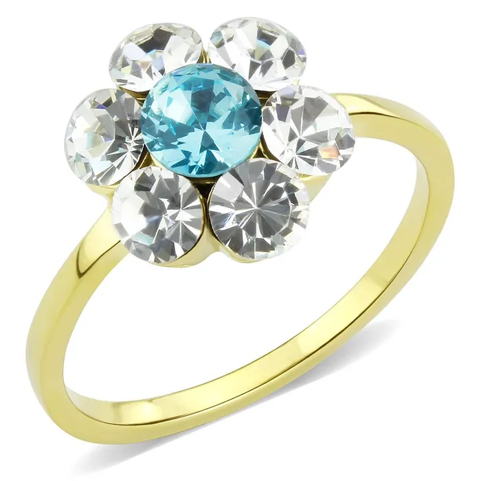 Alamode Rings TK3642 IP GoldIon Plating Stainless Steel Ring with Synthetic Synthetic Glass in Sea Blue Alamode Rings TK3642 IP GoldIon Plating Stainless Steel Ring with Synthetic Synthetic Glass in Sea Blue