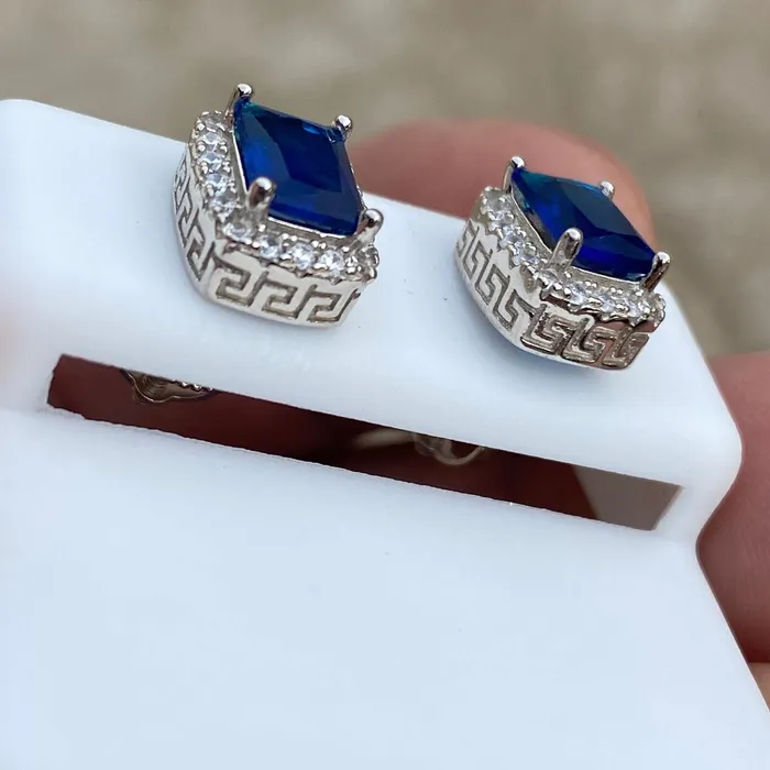 AMERICAN TIME Real 925 Sterling Silver Earrings CZ Faux Blue Sapphire Micro Pave Earrings AMERICAN TIME Real 925 Sterling Silver Earrings CZ Faux Blue Sapphire Micro Pave Earrings