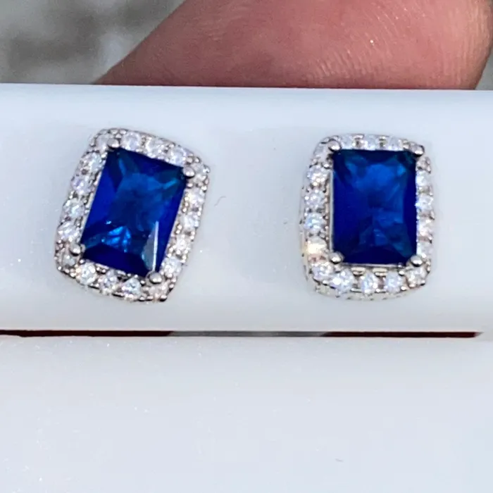 AMERICAN TIME Real 925 Sterling Silver Earrings CZ Faux Blue Sapphire Micro Pave Earrings AMERICAN TIME Real 925 Sterling Silver Earrings CZ Faux Blue Sapphire Micro Pave Earrings