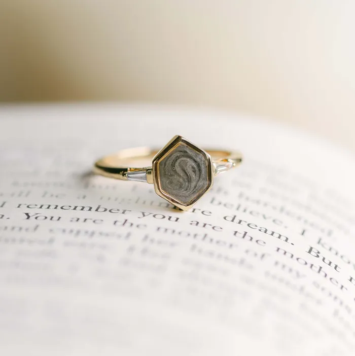 Baguette Diamond Band Cremation Ring in 14K Yellow Gold with Hexagonal Setting closebymejewelry Rings