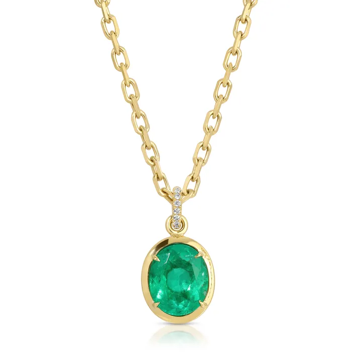 BEZELED COLOMBIAN OVAL EMERALD PENDANT WITH DIAMOND BAIL Anita Ko Necklaces