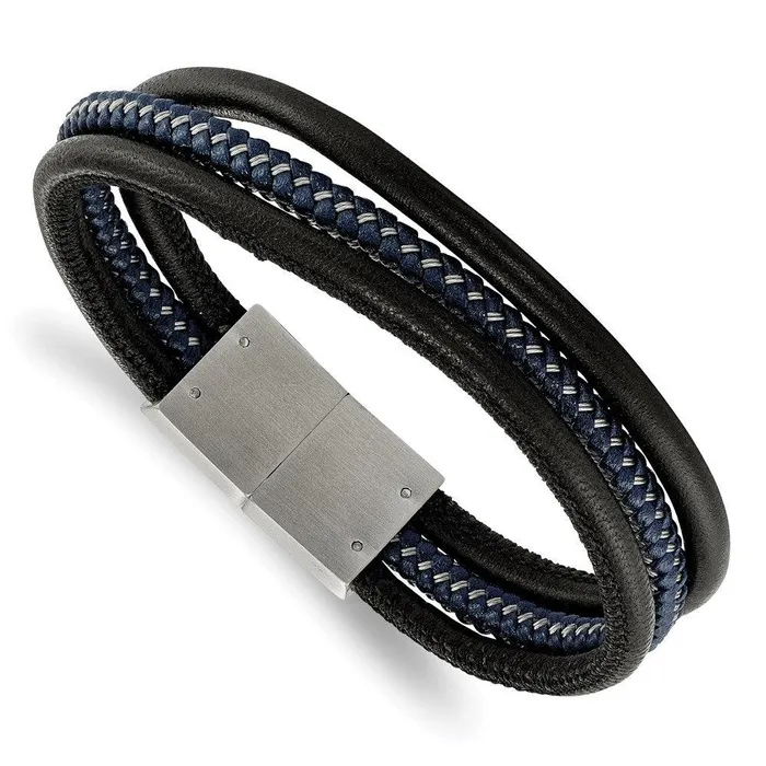 Bracelets Chisel Stainless Steel Brushed Black Blue Braided Leather Multi 8in Bracelet Bracelets Chisel Stainless Steel Brushed Black Blue Braided Leather Multi 8in Bracelet