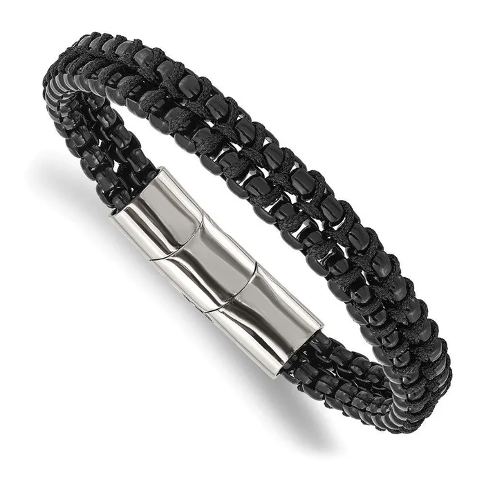 Bracelets Chisel Stainless Steel Polished Black IP wBlack Cotton w5in ext 85in Bracelet Bracelets Chisel Stainless Steel Polished Black IP wBlack Cotton w5in ext 85in Bracelet