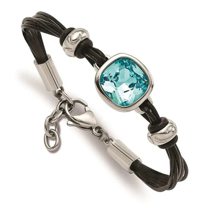 Bracelets Chisel Stainless Steel Polished Blue Glass Leather with 1in ext Bracelet Bracelets Chisel Stainless Steel Polished Blue Glass Leather with 1in ext Bracelet