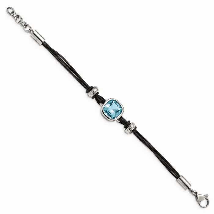 Bracelets Chisel Stainless Steel Polished Blue Glass Leather with 1in ext Bracelet Bracelets Chisel Stainless Steel Polished Blue Glass Leather with 1in ext Bracelet