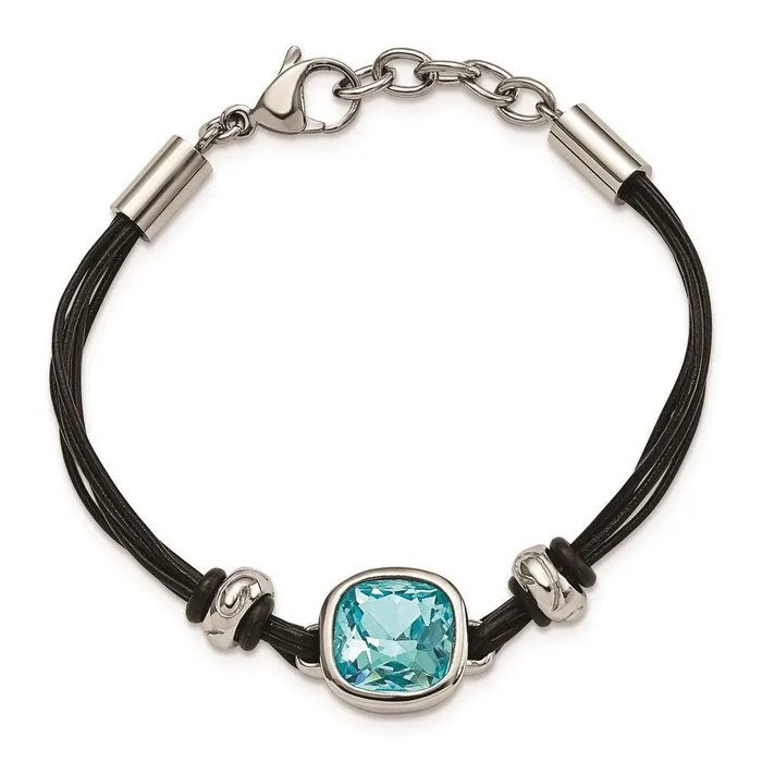 Bracelets Chisel Stainless Steel Polished Blue Glass Leather with 1in ext Bracelet Bracelets Chisel Stainless Steel Polished Blue Glass Leather with 1in ext Bracelet
