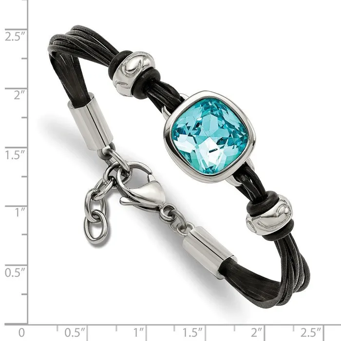 Bracelets Chisel Stainless Steel Polished Blue Glass Leather with 1in ext Bracelet Bracelets Chisel Stainless Steel Polished Blue Glass Leather with 1in ext Bracelet
