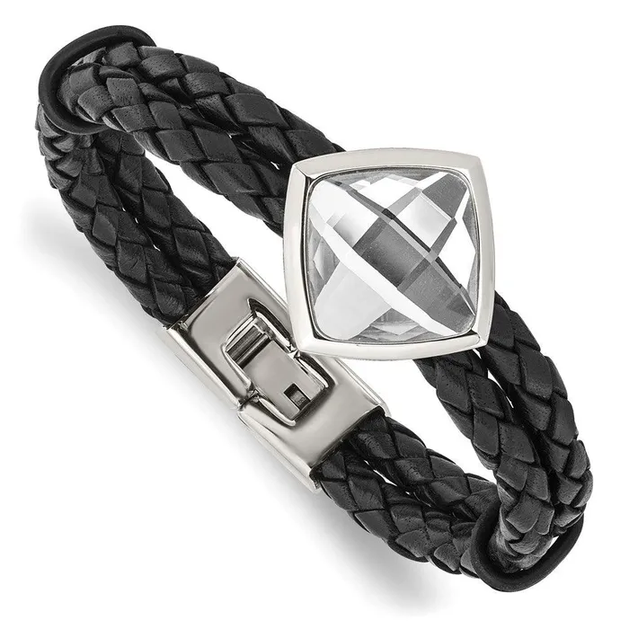 Bracelets Chisel Stainless Steel Polished with Glass Stone Braided Leather 8in Bracelet Bracelets Chisel Stainless Steel Polished with Glass Stone Braided Leather 8in Bracelet